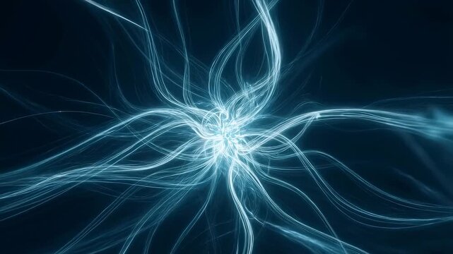 Glowing light strands flow and twist outward from a central point on a dark background. Animated texture shows lines and light strands with flowing movement.