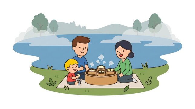Happy family eating dim sum on a lakeside picnic cartoon