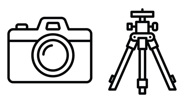 Camera and tripod vector line art icons illustration for photography equipment and media production concepts
