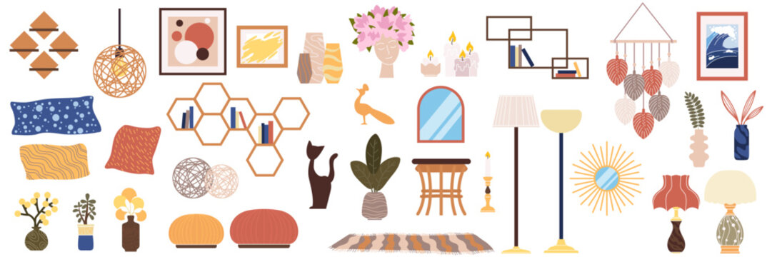 Boho interior. Home modern decor. Macrame on wall. House decoration panels. Lamp, mirror, cozy rug. Living room decor, flower vase. Vector design apartment, cartoon flat style isolated illustration
