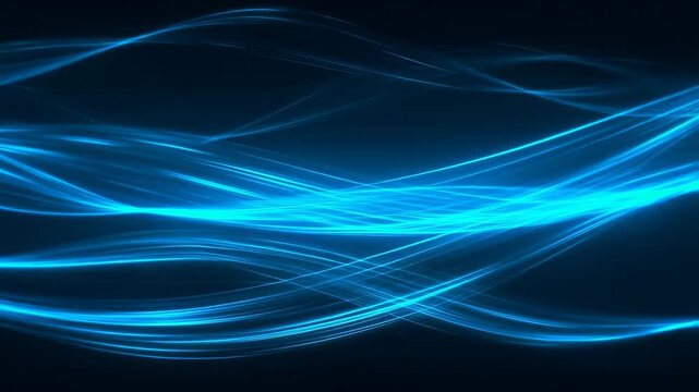 Glowing blue wave lines flow and undulate smoothly across a dark digital abstract space. Layered composition brings together glowing blue wave lines and flowing motion.