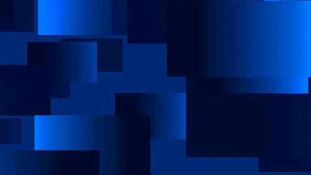 Animation of multiple blue rectangles floating and drifting slowly on a dark blue gradient background. Layered dark blue and medium blue tones enhance movement and depth.