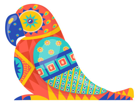 Folk bird ornate figure. Decorative patterned parrot