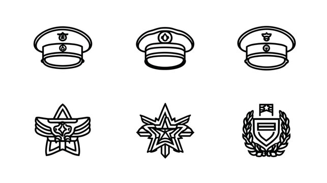 Collection of Military Hats and Emblems Representing Authority and Rank in Monochrome Design