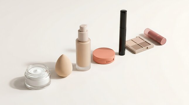 Set of various makeup beauty products with foundation bottle and cream jar for skincare and cosmetics. beginner makeup tips