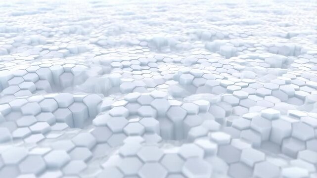 White hexagonal tile surface undulates with tiles rising and falling smoothly. Animated background combines soft shadows with layered depth.