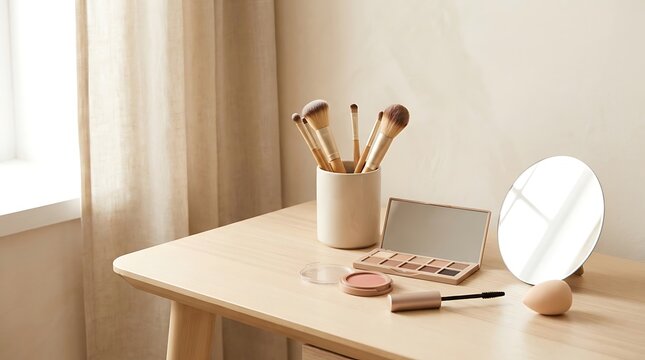 Professional makeup brushes and cosmetic palette with a round mirror on a wooden table in a sunny room. beginner makeup tips