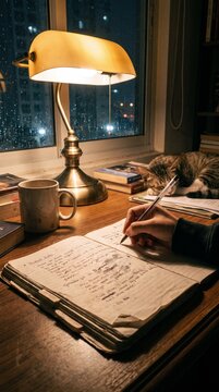 Student writing in notebook during evening study session with desk lamp and cat