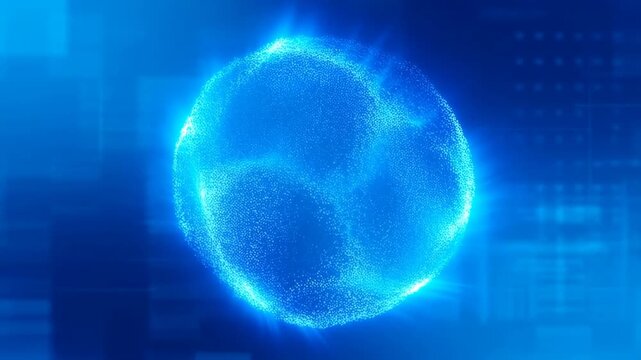 Glowing blue and cyan particles pulse and flow to form a reshaping sphere against a dark digital grid background. Animated scene combines particles and glowing sphere with light.