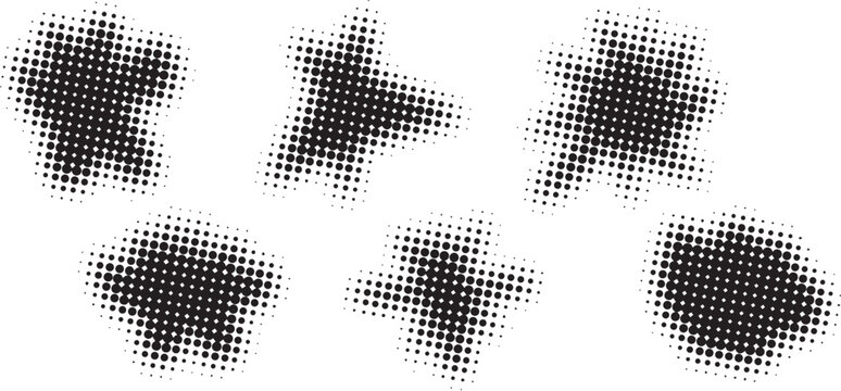 Black Halftone Starburst and Splash Blob Vector Elements Set Isolated on White Background