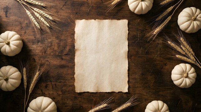 Beautiful autumn flat lay composition with pristine white pumpkins golden wheat stalks and a blank invitation card on aged rustic wood