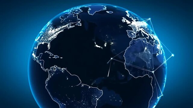 Rotating digital globe showing illuminated city lights and animated network connections. Animated scene combines globe and city light points with layered visual depth.
