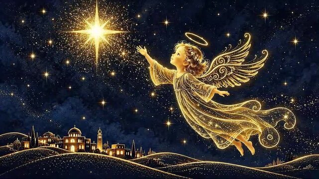 An angel flies over Bethlehem and points the way to the Christmas star. The birth of Jesus. Christmas night. Christmas angel. Biblical scene.