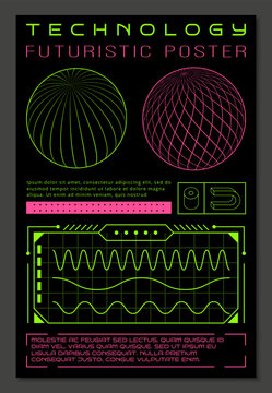Futuristic tech poster. Neon wireframe spheres, interface elements and waveform chart on black background, modern sci‑fi design digital graphics, typography blocks and HUD styling. Vector illustration