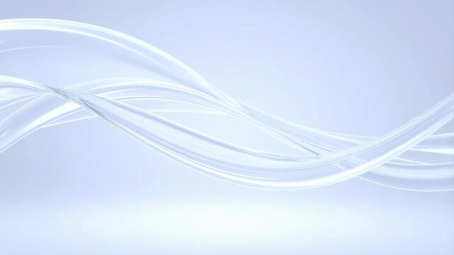 Transparent glass-like ribbons flow smoothly across a light gradient background. Layered light blue and white tones enhance movement and depth.