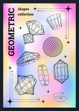 Wireframe geometric shapes poster. Pastel gradient background with abstract 3D forms, sparkles and frame elements, design template for creative, branding graphics and contemporary. Vector illustration