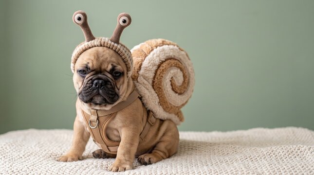 Grumpy French Bulldog Puppy in Funny Plush Snail Costume