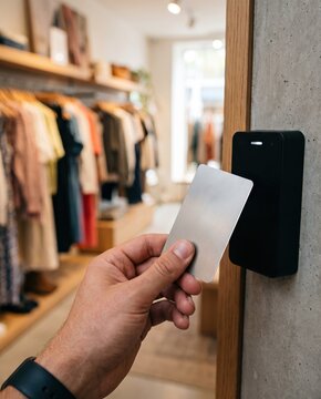 Close-up of a person holding a contactless smart keycard to an electronic card reader for access control in a clothing store boutique.
