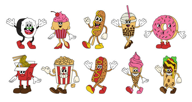 Funny snack characters set. Fast food vintage mascots with expressive faces, retro sweets and streetfood items, colorful playful commercial design. Vector cartoon flat style isolated illustration