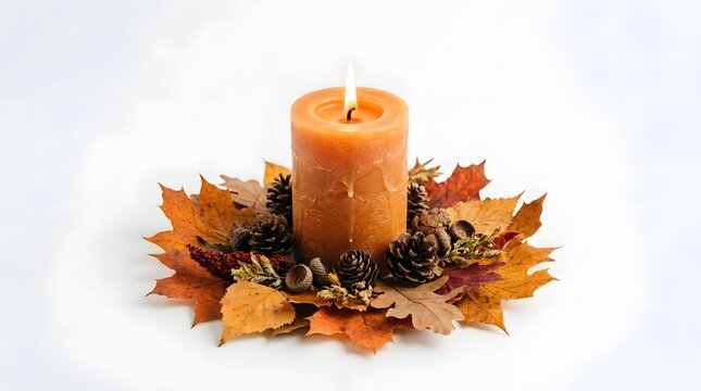 A warmly lit orange candle creates a cozy autumn atmosphere nestled among vibrant colorful fallen leaves on a clean white surface