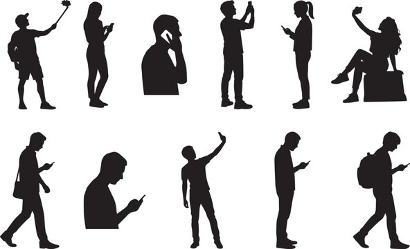 Collection of silhouettes depicting people interacting with mobile devices in public