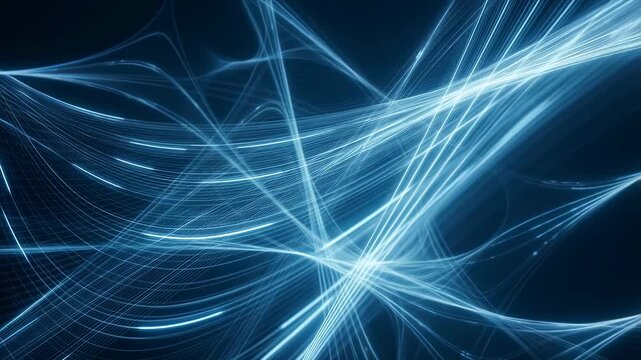 Animation of flowing and intersecting glowing blue light strands on a dark background. Animated scene combines lines and light strands with layered visual depth.