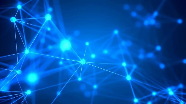 Dynamic blue digital network of glowing nodes connected by lines pulses and shifts on a dark background. Animated texture shows points of light and thin lines with pulsing motion.