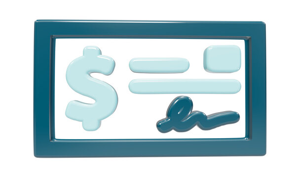 Blue 3D bank check icon rendered on transparent background
