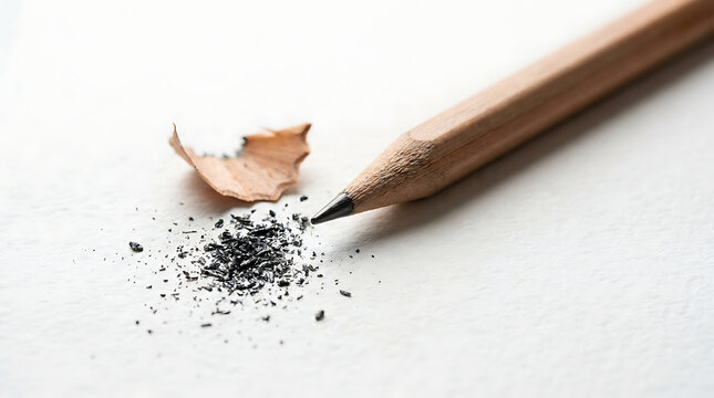 Sharpened wooden pencil with graphite dust on white paper