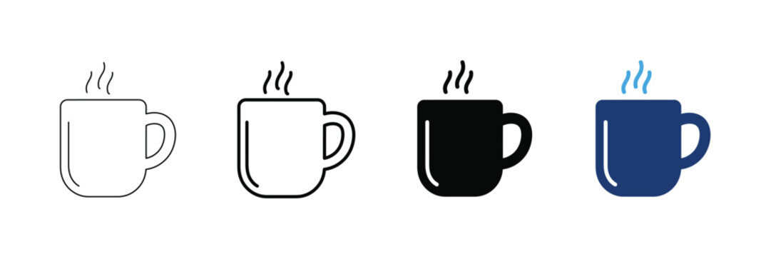 Coffee mug icons in different styles, outline, bold, solid and colored vector illustration
