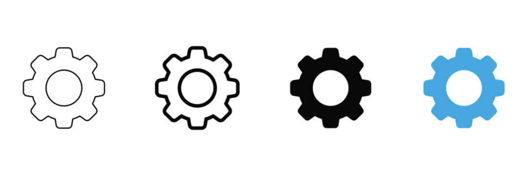 Set of gear icons in different styles, including outline, bold outline, solid black, and blue filled cogwheel symbols