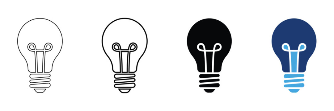 Set of light bulb icons in different styles including outline, solid black, and blue flat design