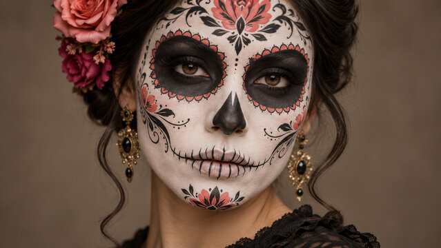 Close-up portrait of woman wearing sugar skull makeup for D&iacute;a de Muertos holiday. Floral face paint and flower hairpiece. Mexican cultural celebration. 