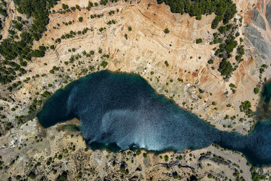 Aerial View of Abandoned Mining Lakes and Quarry Landscape in Euboea Greece
