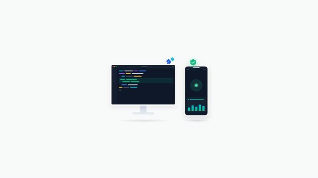 Flat Animation of AI Code Debugger and Cybersecurity System Restore Process Displayed on Desktop Monitor and Smartphone for Software Development and Network Protection Concept