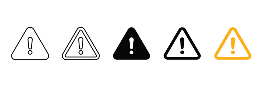 Set of warning sign icons, triangular exclamation mark symbols in different styles