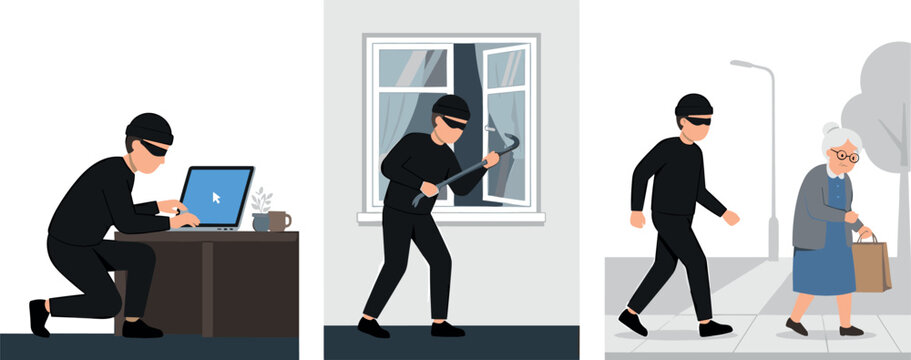Cartoon burglar thief vector illustration set showing crime scenes hacking laptop, breaking window and following elderly woman for security awareness design