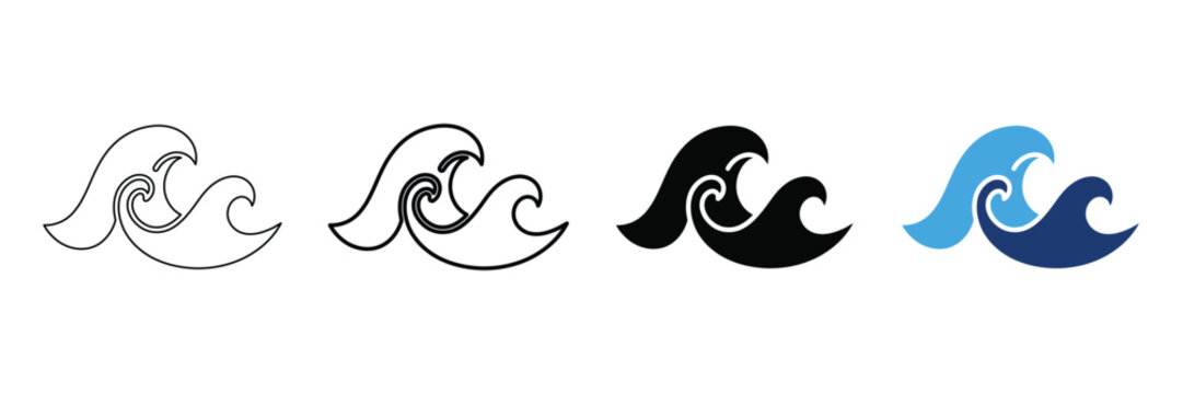 Set of wave icons in different styles, simple ocean water symbols for web and graphic design