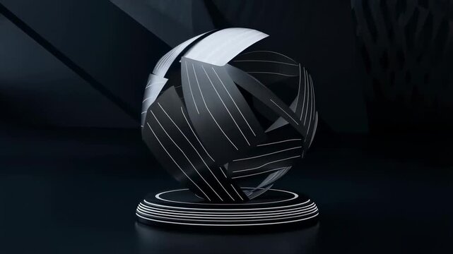Dark abstract scene featuring a rotating segmented metallic sphere on a glowing circular base. Abstract backdrop shaped by rotation, modern design and futuristic.