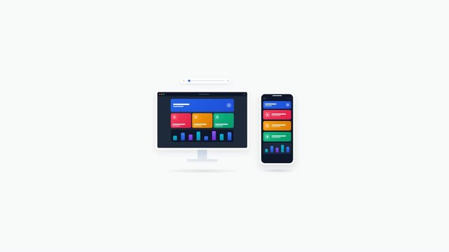 High-quality animation of responsive web design illustrating seamless multi-device synchronization across a generic modern smartphone, tablet, and laptop with fluid UI UX layout transitions.