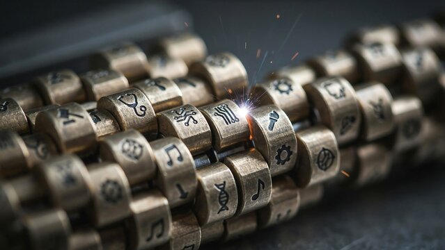 Cryptographic decoder ring cylinder. Metal tumblers with engraved symbols. Laser beam cutting mechanism with glowing sparks