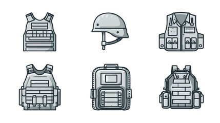 Obraz premium Collection of Tactical Military Gear Including Helmet, Vests, and Protective Backpacks
