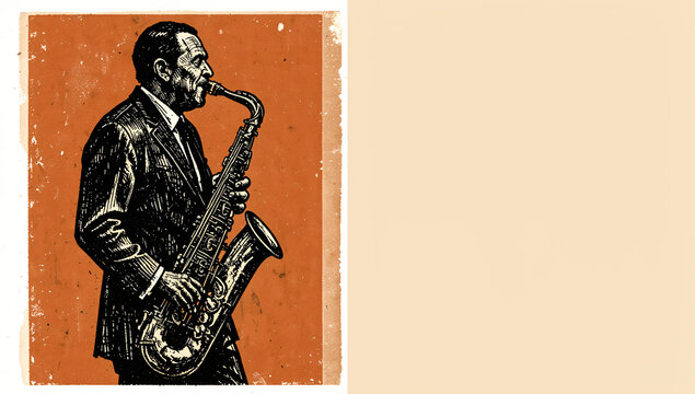 Jazz musician playing saxophone in vintage linocut style