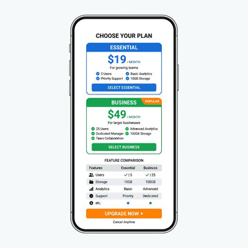 Mobile app pricing plan interface mockup showing subscription tiers and feature comparison on smartphone screen UI Editable EPS