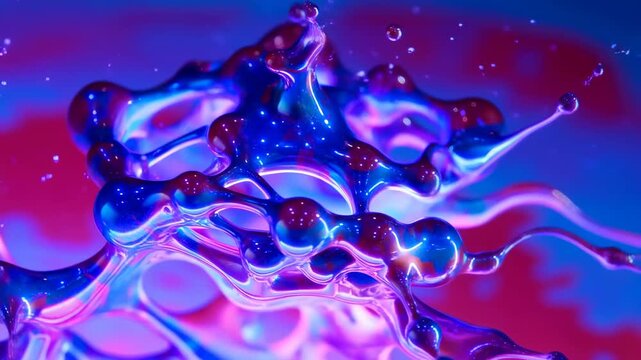 Colorful liquid splash flows and expands with reflective droplets forming dynamic shapes on a glass-like surface. Abstract animation features splashing and luminous energy.