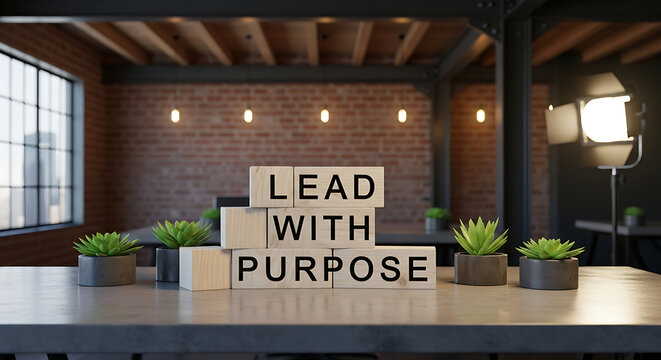 Lead with purpose wooden blocks on a modern office desk