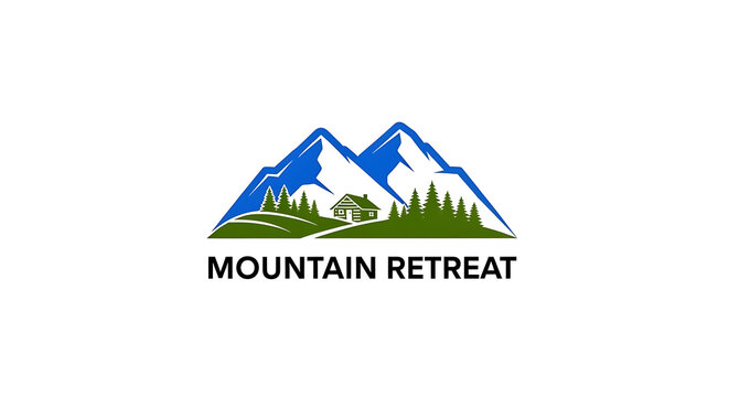 Mountain retreat logo with forest cabin and peaks