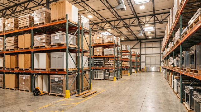 Modern Industrial Warehouse with Tall Racks Storing Wooden Furniture Parts