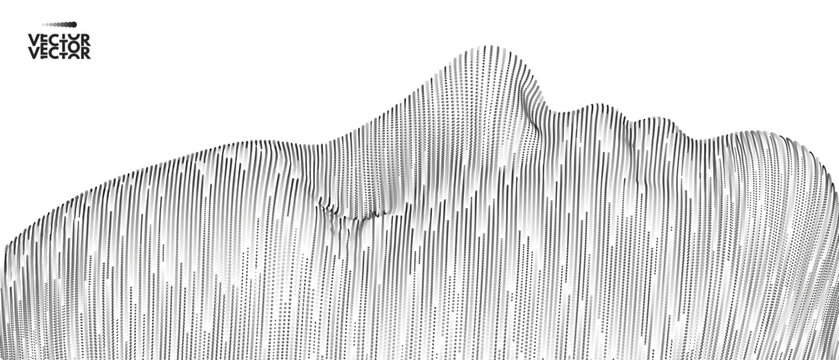 A mask of an upward-facing face formed by black lines resembling data streams within a digital mind. AI concept. Modeling or scanning process. Technology concept. Vector for design.