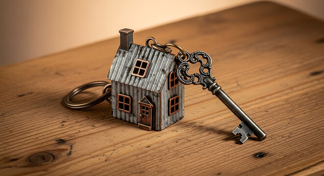 Small house model with a metal key on a wooden table